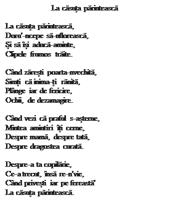 Casetă text: La căsuța părintească

La căsuța părintească,
Doru'-ncepe să-nflorească,
Și să �și aducă-aminte,
Clipele frumos trăite.

C�nd zărești poarta-nvechită,
Simți că inima-ți rănită,
Pl�nge iar de fericire,
Ochii, de dezamagire.

C�nd vezi că praful s-așterne,
Mintea amintiri �ți cerne,
Despre mamă, despre tată,
Despre dragostea curată.

Despre-a ta copilărie,
Ce-a trecut, �nsă re-n'vie,
C�nd privești iar pe fereastă'
La căsuța părintească.

